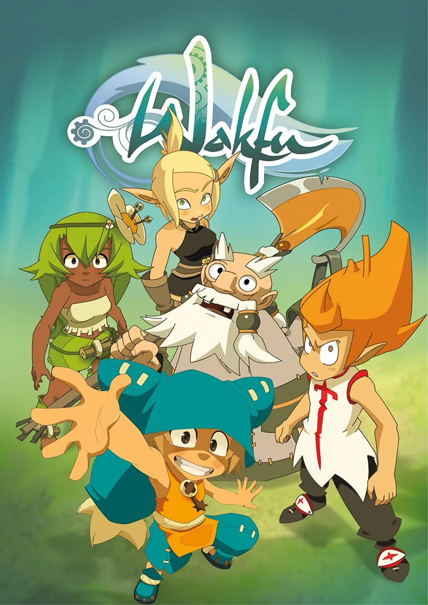Vibrant illustration of characters from Wakfu manga series in a lush setting.
